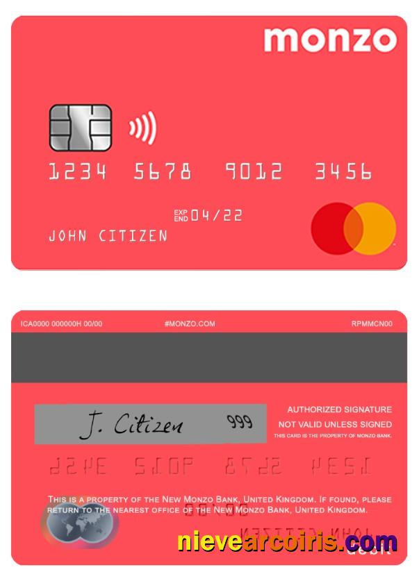 United Kingdom Monzo bank debit mastercard